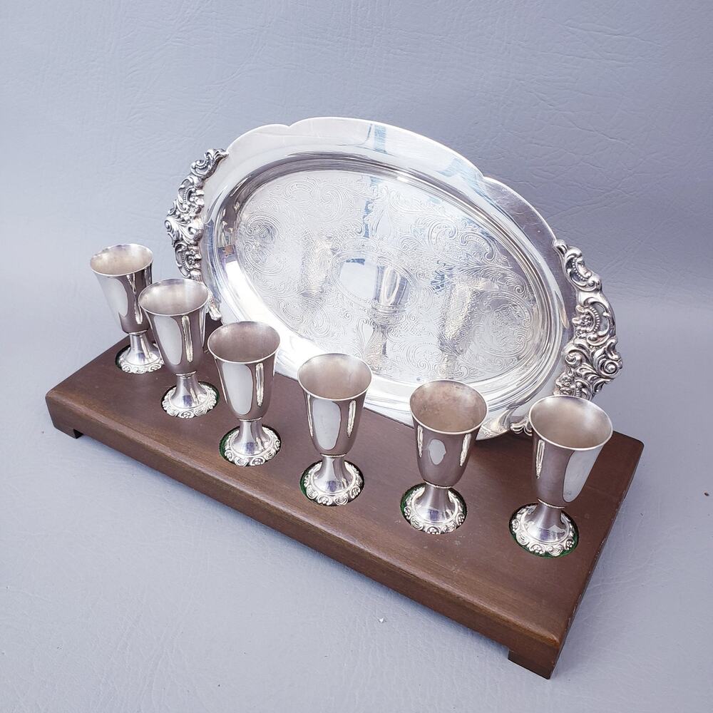 WALLACE GRAND BAROQUE SILVERPLATE CORDIAL SET W/ STAND MINT NEVER USED!
